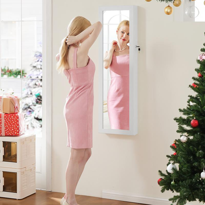 【Fathers Day Gift】Sweet Furniture Full-Length Mirrored Jewelry Cabinet with Built-In Makeup Mirror,Lockable Storage Cabinet with 2 Drawers