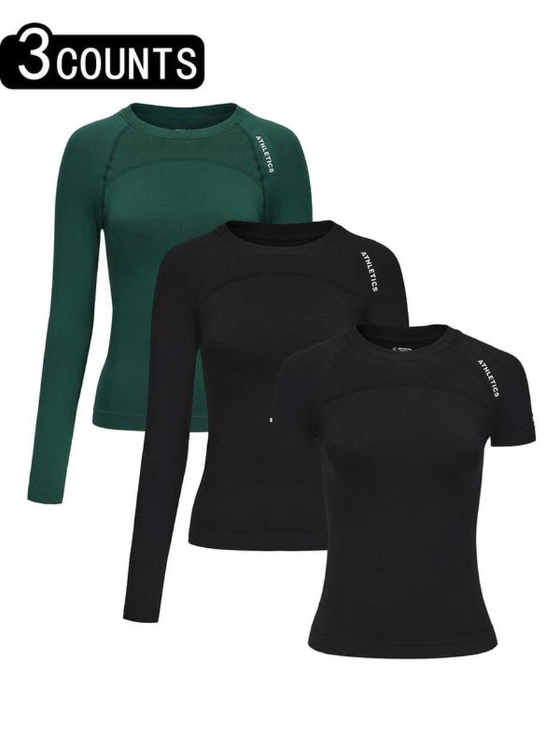 Women'S Letter Print Baselayer Top, Long Sleeve round Neck Compression Top for Yoga Gym Workout, Ladies Athletic Fitted Breathable Sportswear for Fall & Winter