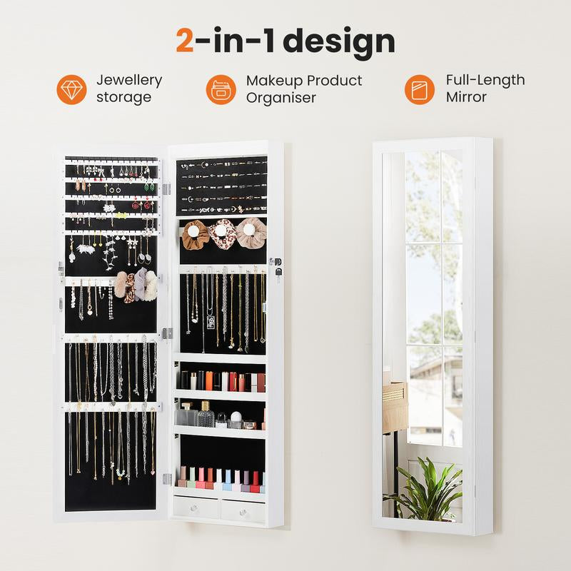 【Fathers Day Gift】Sweet Furniture Full-Length Mirrored Jewelry Cabinet with Built-In Makeup Mirror,Lockable Storage Cabinet with 2 Drawers