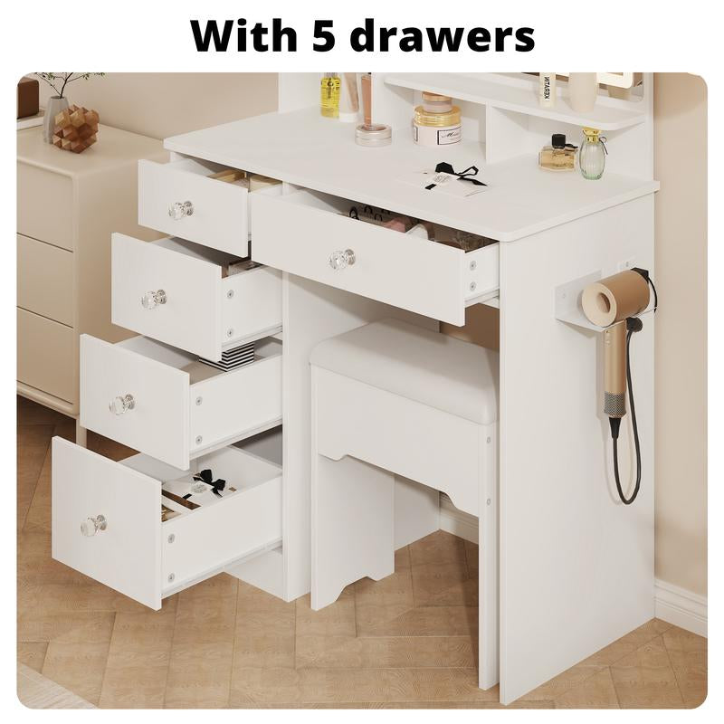 LIKIMIO Vanity Desk with Mirror & LED Light, Makeup Vanity Table with 5 Drawers, Power Outlet, and Vanity Stool, 3 Lighting Colors, Dressing Table for Bedroom