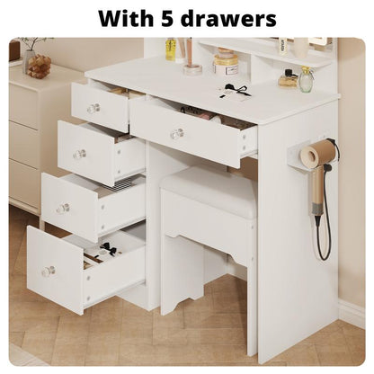 LIKIMIO Vanity Desk with Mirror & LED Light, Makeup Vanity Table with 5 Drawers, Power Outlet, and Vanity Stool, 3 Lighting Colors, Dressing Table for Bedroom