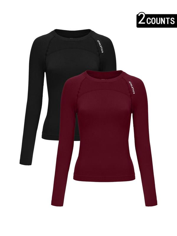 Women'S Letter Print Baselayer Top, Long Sleeve round Neck Compression Top for Yoga Gym Workout, Ladies Athletic Fitted Breathable Sportswear for Fall & Winter