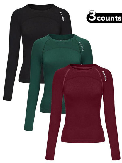 Women'S Letter Print Baselayer Top, Long Sleeve round Neck Compression Top for Yoga Gym Workout, Ladies Athletic Fitted Breathable Sportswear for Fall & Winter