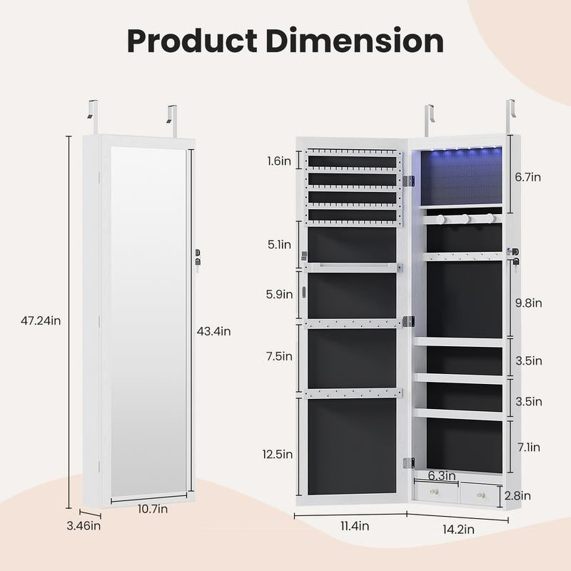 【Fathers Day Gift】Sweet Furniture Full-Length Mirrored Jewelry Cabinet with Built-In Makeup Mirror,Lockable Storage Cabinet with 2 Drawers
