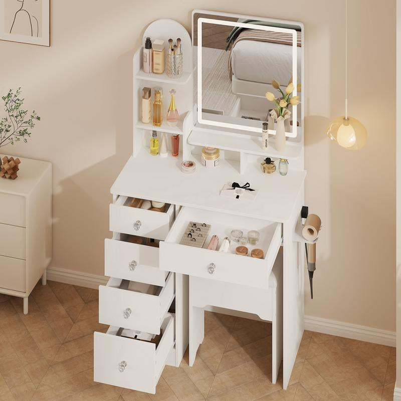 LIKIMIO Vanity Desk with Mirror & LED Light, Makeup Vanity Table with 5 Drawers, Power Outlet, and Vanity Stool, 3 Lighting Colors, Dressing Table for Bedroom