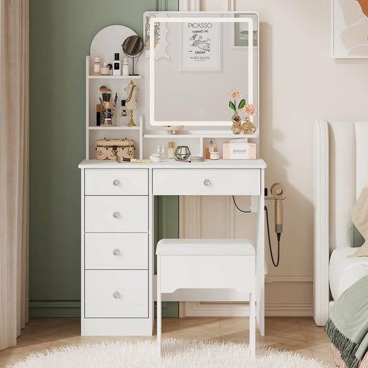 LIKIMIO Vanity Desk with Mirror & LED Light, Makeup Vanity Table with 5 Drawers, Power Outlet, and Vanity Stool, 3 Lighting Colors, Dressing Table for Bedroom