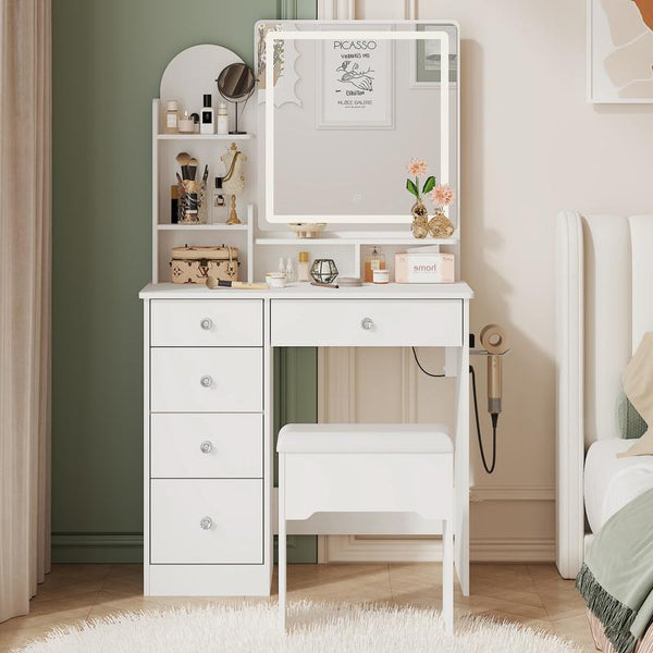 LIKIMIO Vanity Desk with Mirror & LED Light, Makeup Vanity Table with 5 Drawers, Power Outlet, and Vanity Stool, 3 Lighting Colors, Dressing Table for Bedroom