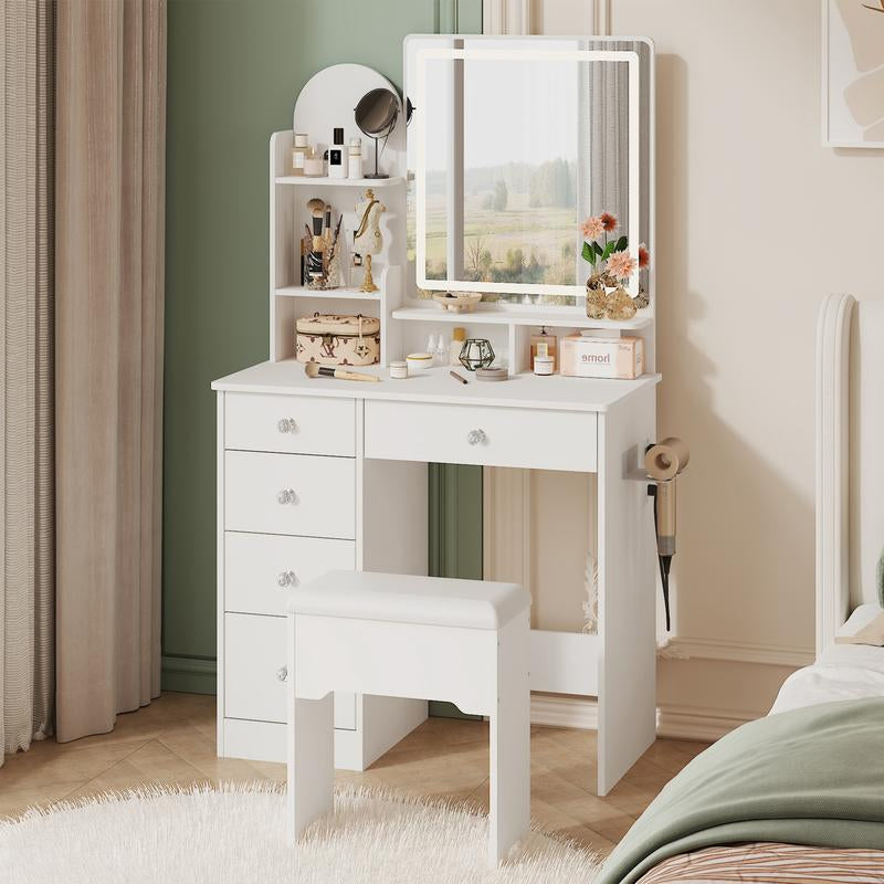 LIKIMIO Vanity Desk with Mirror & LED Light, Makeup Vanity Table with 5 Drawers, Power Outlet, and Vanity Stool, 3 Lighting Colors, Dressing Table for Bedroom