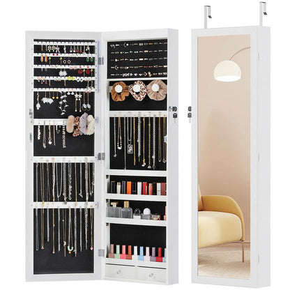 【Fathers Day Gift】Sweet Furniture Full-Length Mirrored Jewelry Cabinet with Built-In Makeup Mirror,Lockable Storage Cabinet with 2 Drawers