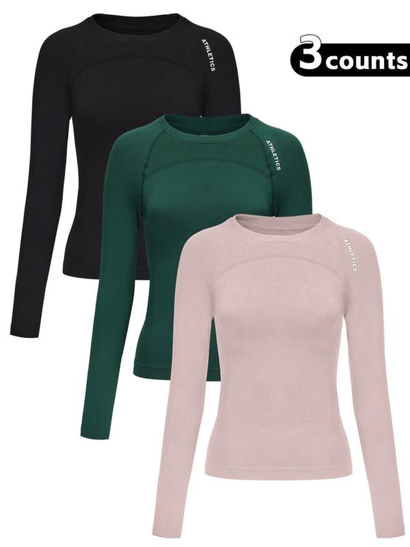 Women'S Letter Print Baselayer Top, Long Sleeve round Neck Compression Top for Yoga Gym Workout, Ladies Athletic Fitted Breathable Sportswear for Fall & Winter