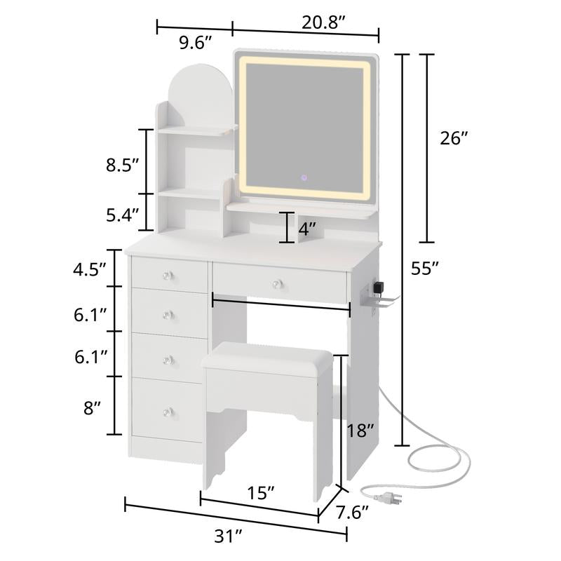 LIKIMIO Vanity Desk with Mirror & LED Light, Makeup Vanity Table with 5 Drawers, Power Outlet, and Vanity Stool, 3 Lighting Colors, Dressing Table for Bedroom
