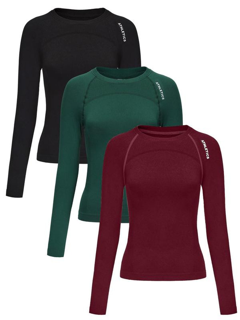 Women'S Letter Print Baselayer Top, Long Sleeve round Neck Compression Top for Yoga Gym Workout, Ladies Athletic Fitted Breathable Sportswear for Fall & Winter