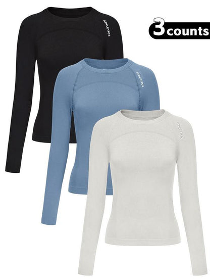 Women'S Letter Print Baselayer Top, Long Sleeve round Neck Compression Top for Yoga Gym Workout, Ladies Athletic Fitted Breathable Sportswear for Fall & Winter
