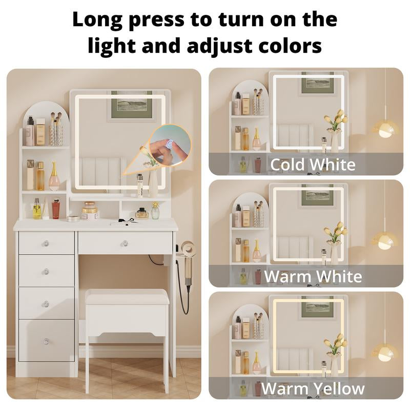 LIKIMIO Vanity Desk with Mirror & LED Light, Makeup Vanity Table with 5 Drawers, Power Outlet, and Vanity Stool, 3 Lighting Colors, Dressing Table for Bedroom