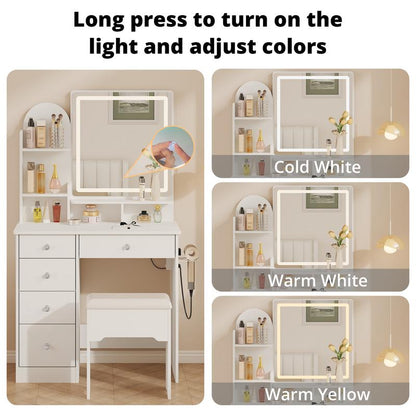 LIKIMIO Vanity Desk with Mirror & LED Light, Makeup Vanity Table with 5 Drawers, Power Outlet, and Vanity Stool, 3 Lighting Colors, Dressing Table for Bedroom