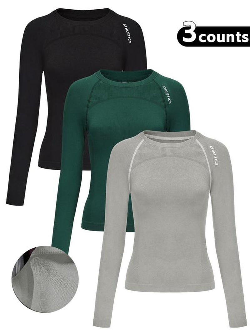 Women'S Letter Print Baselayer Top, Long Sleeve round Neck Compression Top for Yoga Gym Workout, Ladies Athletic Fitted Breathable Sportswear for Fall & Winter