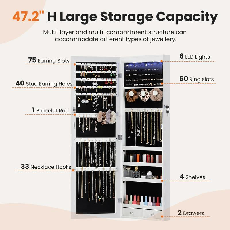 【Fathers Day Gift】Sweet Furniture Full-Length Mirrored Jewelry Cabinet with Built-In Makeup Mirror,Lockable Storage Cabinet with 2 Drawers
