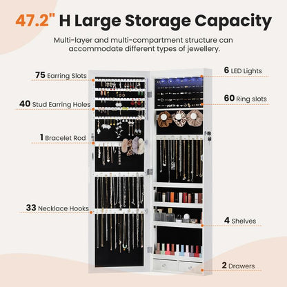 【Fathers Day Gift】Sweet Furniture Full-Length Mirrored Jewelry Cabinet with Built-In Makeup Mirror,Lockable Storage Cabinet with 2 Drawers